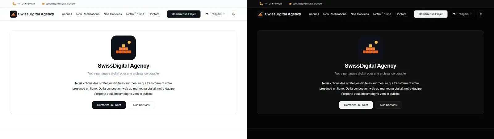 Homepage in light and dark mode side by side